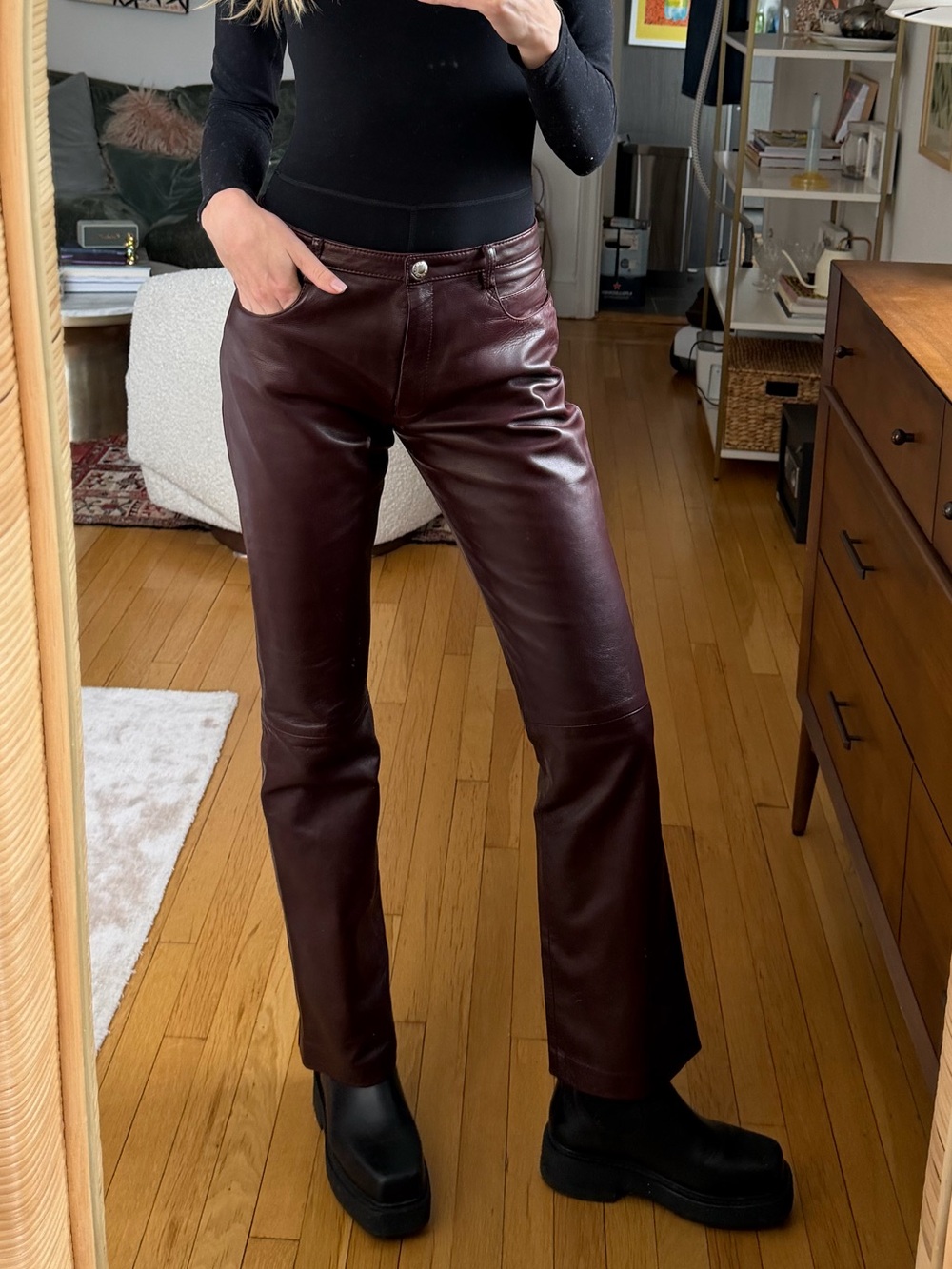 Dolce & Gabbana Wine-Burgundy Leather Boot-Cut Pants